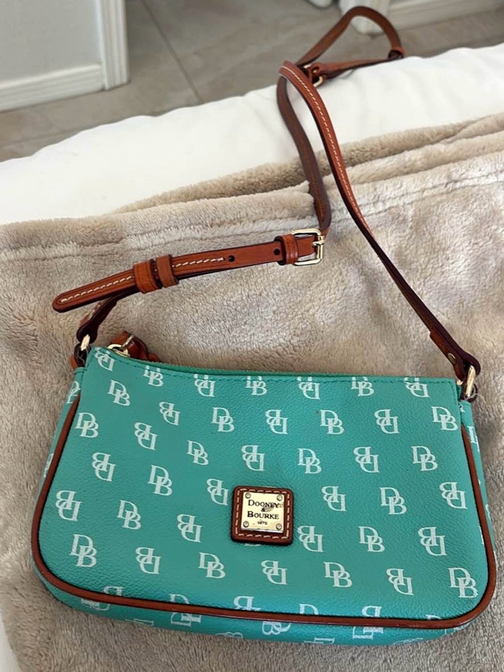 Dooney & Bourke Teal Logo Crossbody with Brown Trim